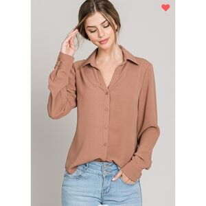 Womens Mocha Button Down Shirt Long Sleeve Career Office Casual  S/M/
